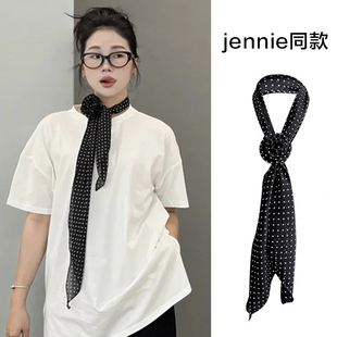 法式黑白波点细窄长条丝巾系脖高级感挂脖小领巾围脖搭配飘带颈饰