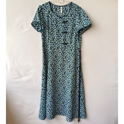 夏季碎花连衣裙方领系带收腰显瘦印花中长款LX230101