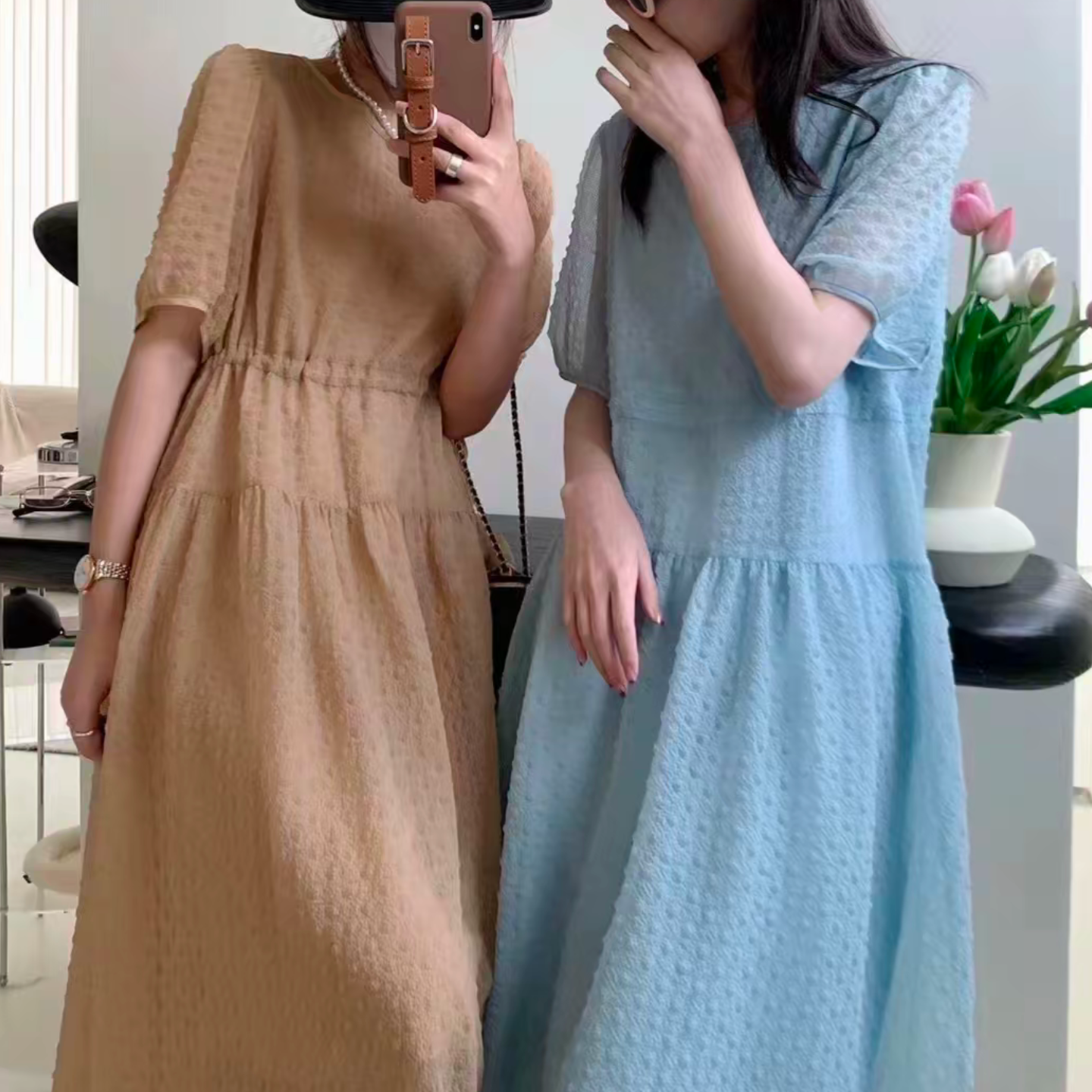 泡泡纱夏季连衣裙系带收腰显瘦中长裙LX230120