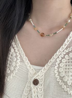 新中式绿松石项链天然石复古串珠