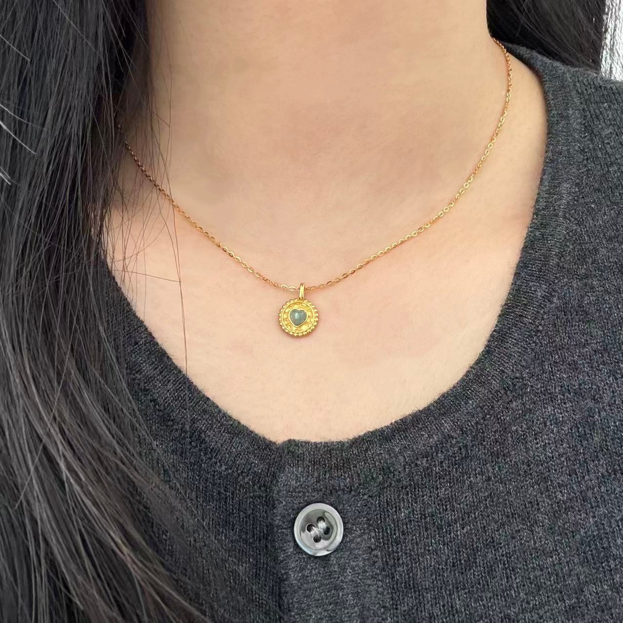 碧玺爱心圆牌纯银项链秋冬925银