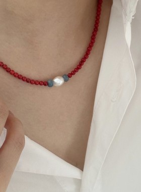 海竹串珠天然珍珠撞色红色项链女