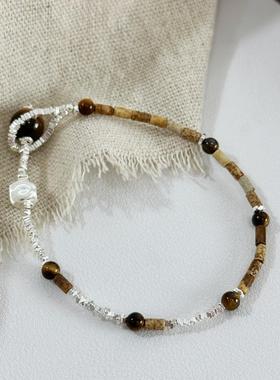 小众拼接虎眼石精致手链通体S925纯银秋冬款碎银子美拉德手串女