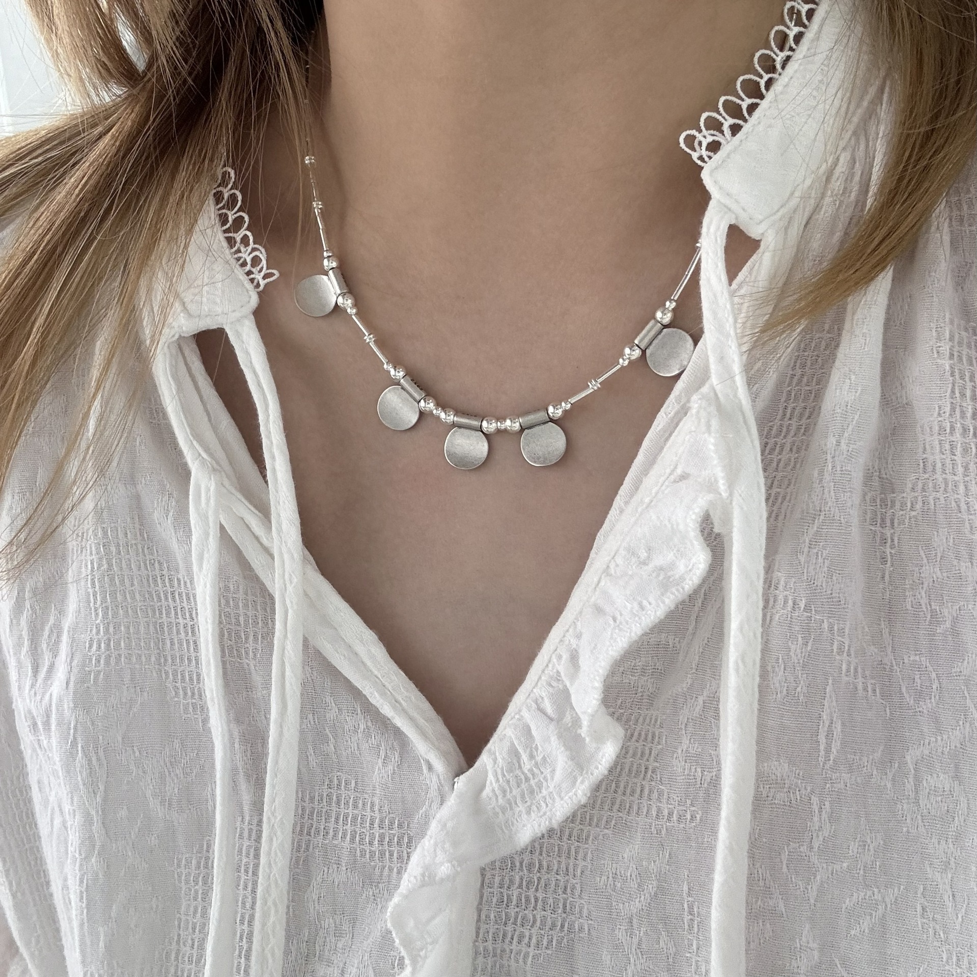 圆片吊坠纯银项链高级银管毛衣链