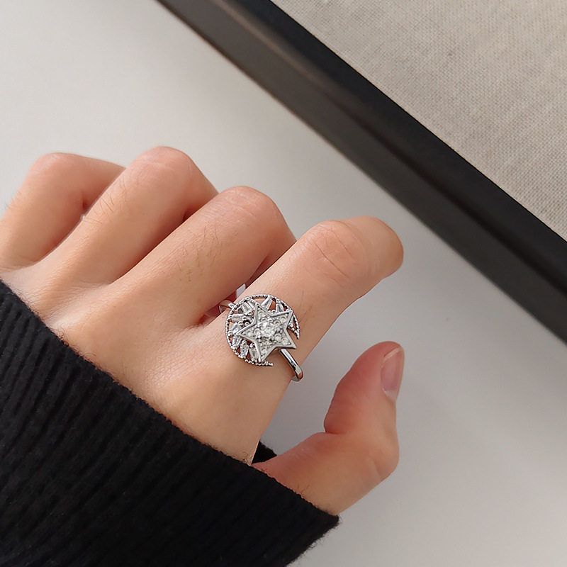 星月转动纯银戒指设计感锆石银戒