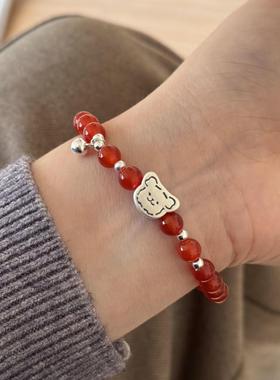 足银小熊手串红玛瑙转运珠手链