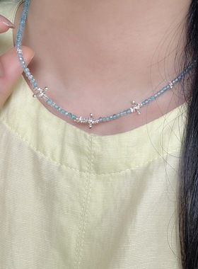 碎银子天然石蓝色项链S925银串珠