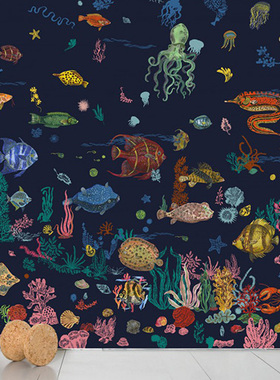 法国Moustache Sous la mer 蓝色海底生物鱼类壁纸墙纸进口