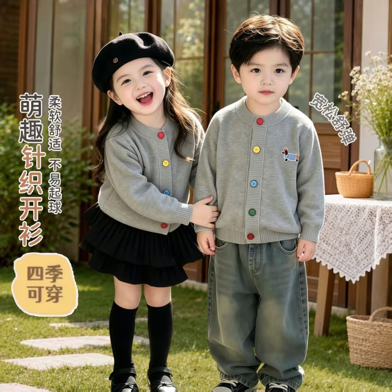 秋冬儿童新款洋气童装2026款贴布绣针织卡通男女上衣小童毛衣外套