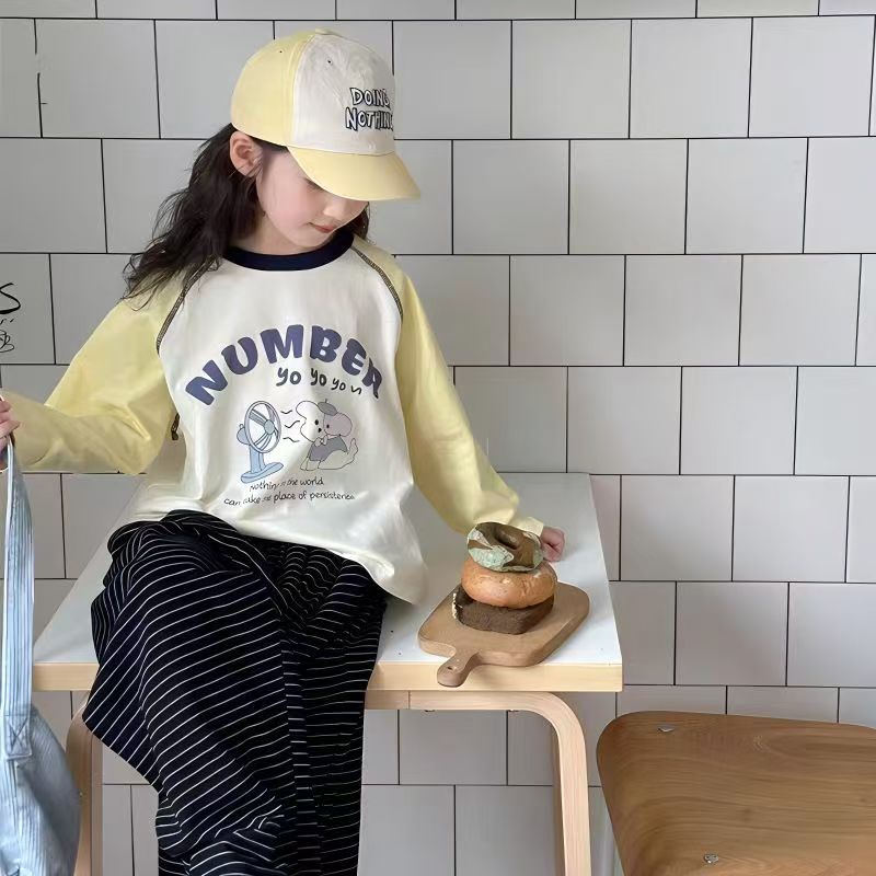 女童韩版拼色纯棉卡通插肩打底衫