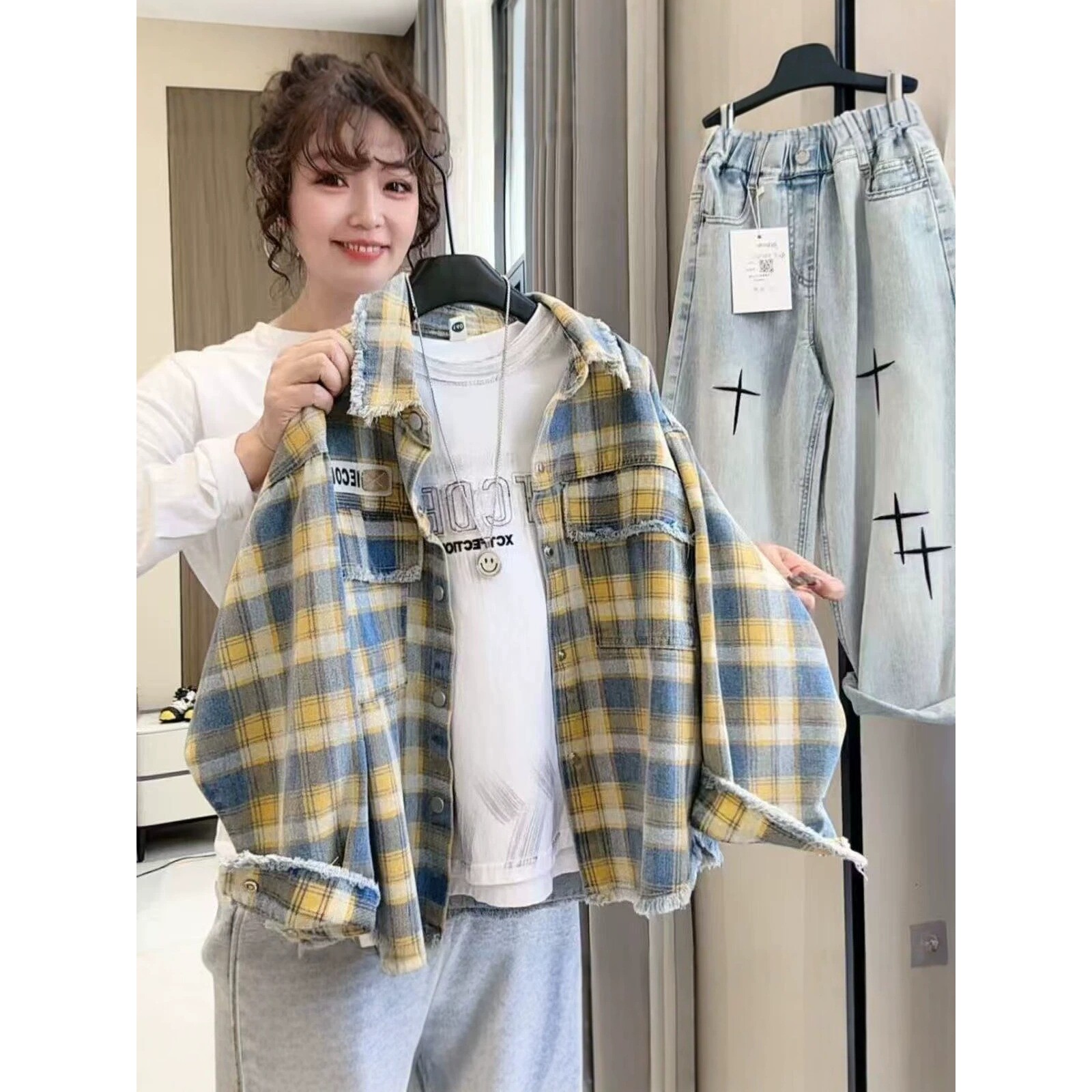 2026春夏款蓝黄格子牛仔潮流外套