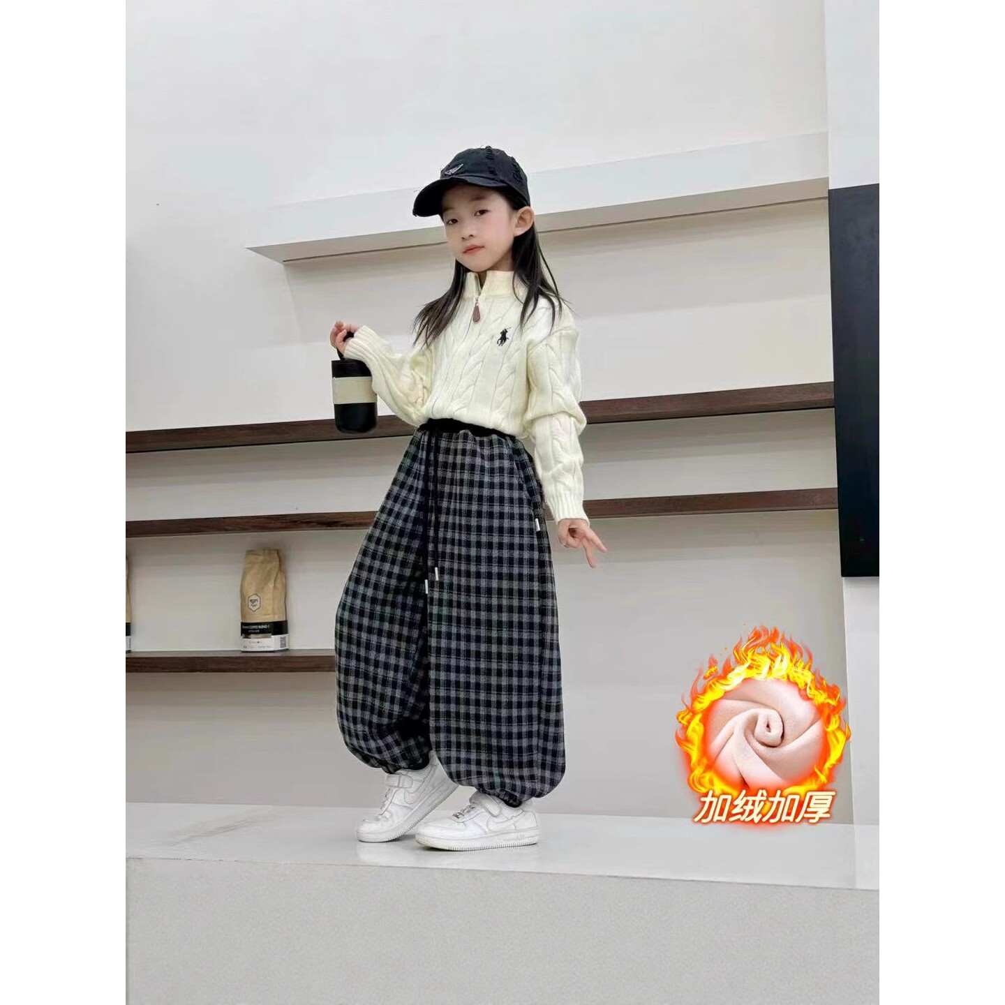 女童洋气秋冬季加绒格子休闲裤