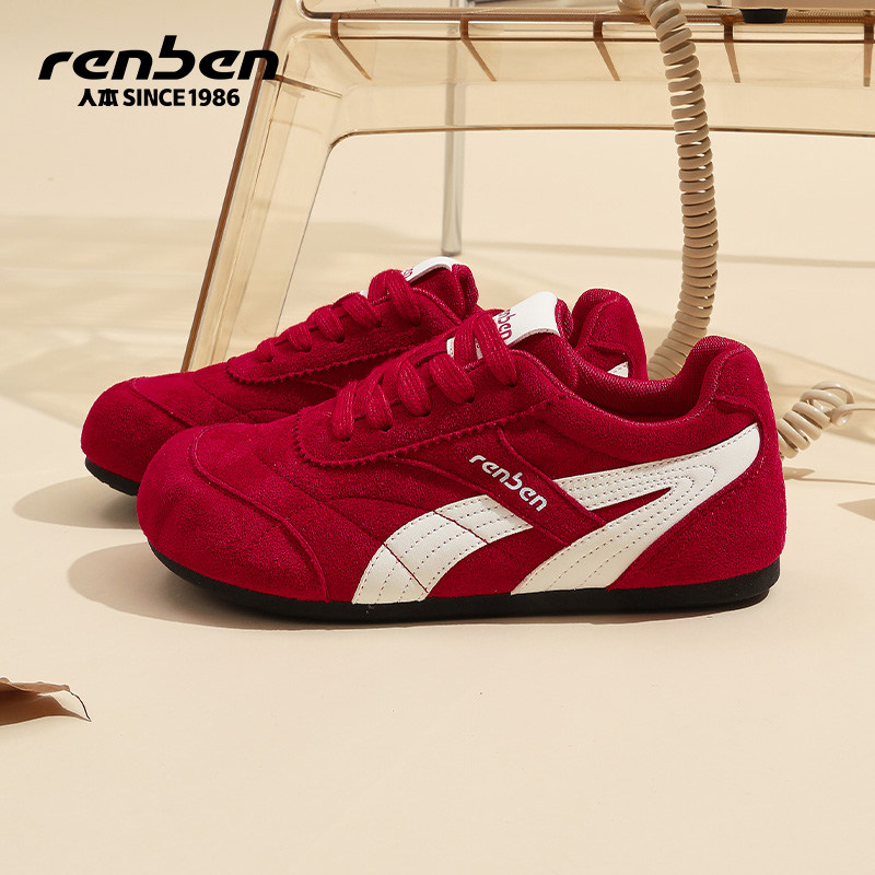 人本德训鞋女2025年秋季新款时尚运动休闲鞋薄底赛车鞋红色鞋子