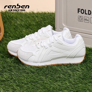 人本2026春秋季新款小白鞋女皮面厚底增高百搭时尚学生运动阿甘鞋