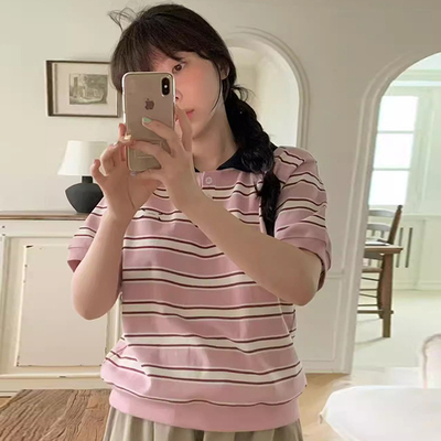 韩国东大门休闲百搭撞色条纹T恤