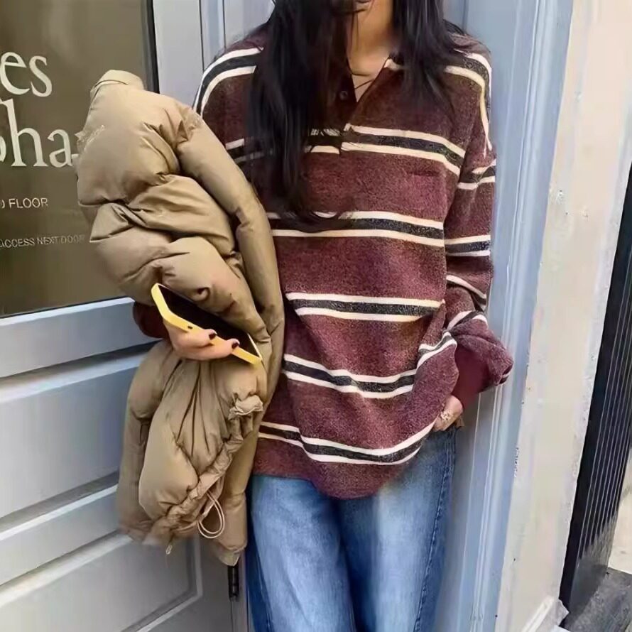 磨毛条纹复古polo上衣保暖加厚T