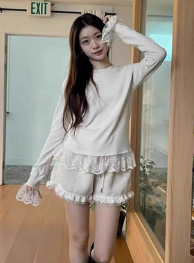 源头工厂！韩国arancia新款2025冬季磨毛蕾丝花边下摆T恤女打底衫