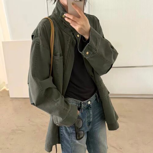 复古立领工装外套女抽绳休闲风衣