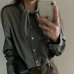 源头工厂！ago韩国2026秋季设计感格子蝴蝶结长袖衬衫女百搭上衣