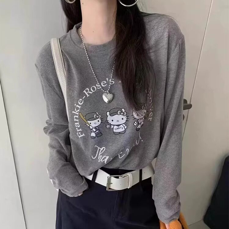 kt猫咪印花长袖T恤磨毛打底上衣