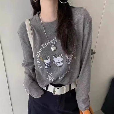 kt猫咪印花长袖T恤磨毛打底上衣