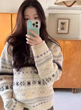 源头工厂！ERUME韩国2025冬新款复古费尔岛毛衣女加厚保暖针织衫