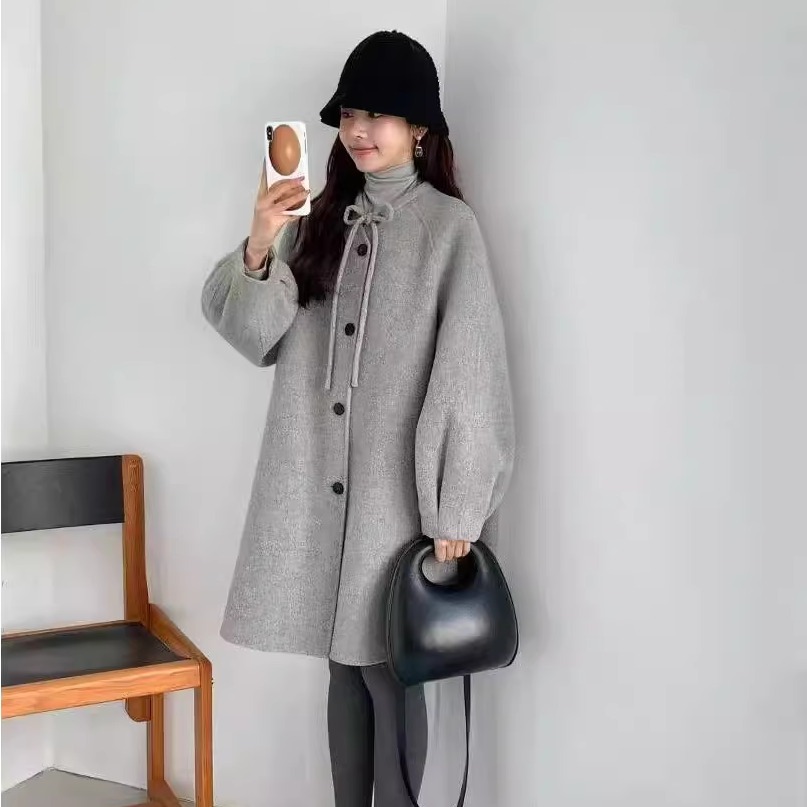 蝴蝶结系带双面羊绒大衣毛呢外套