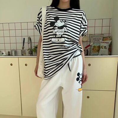 夏季可爱米奇印花条纹T恤女上衣