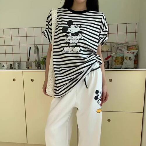 夏季可爱米奇印花条纹T恤女上衣