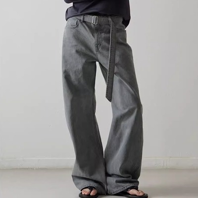 可拆卸腰带牛仔裤女阔腿休闲裤