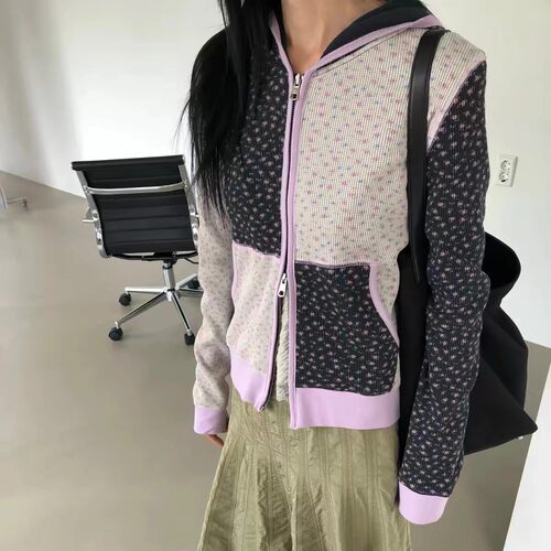 华夫格连帽卫衣外套女设计感上衣