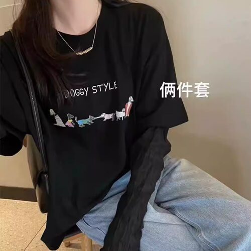 小狗字母印花长袖T恤假两件上衣