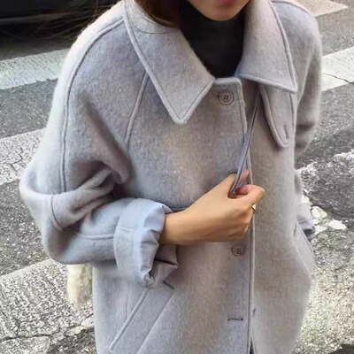 羊驼毛翻领韩系长款大衣外套女