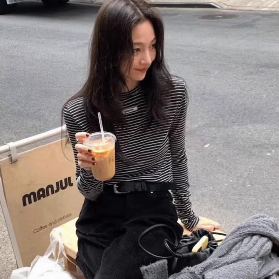 百搭长袖打底衫女上衣磨毛条纹T