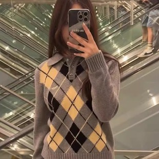 代工厂!POUCH韩国2025冬季车静媛同款菱格羊毛翻领针织衫毛衣女