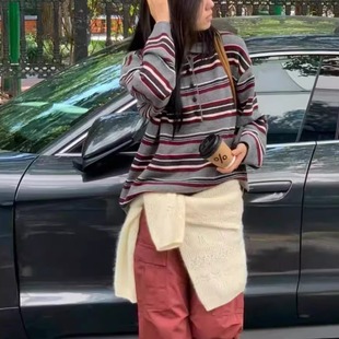 天花板!breathe韩国2025秋冬羊毛条纹翻领毛衣女复古针织衫上衣