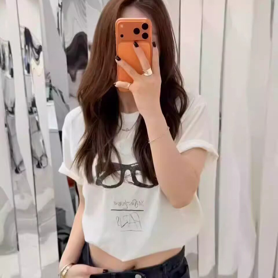 代工厂！brick韩国2026夏装修身显瘦墨镜印花圆领短袖女休闲上衣