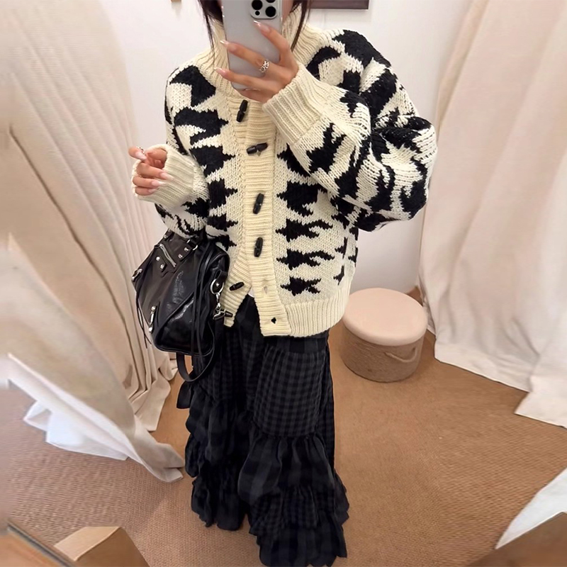 高品质！open yy设计师品牌2025秋季千鸟格复古针织衫外套女毛衣