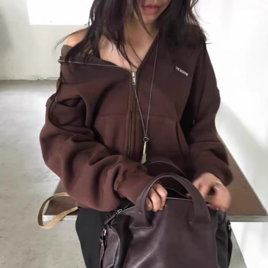 秋冬加绒连帽外套女百搭拉链卫衣