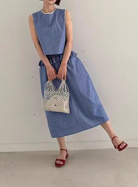 天花板！oliseoul韩国东大门百搭格子无袖背心上衣荷叶边半裙套装