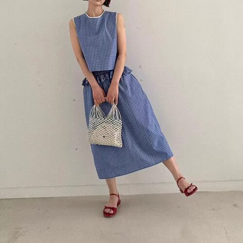 oliseoul减龄格子蕾丝边背心套装