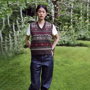 代工厂！urbanic30韩国25秋季复古费尔岛针织马甲女提花毛衣背心