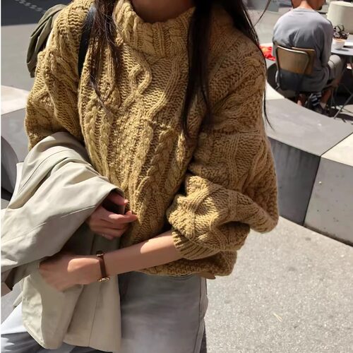 麻花纹高领毛衣女保暖针织衫上衣