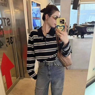 代工厂!Maisonstaff韩国2025秋季经典条纹polo衫上衣针织毛衣女