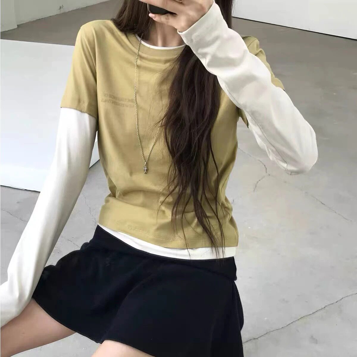 代工厂！NUESE韩国2026秋季撞色拼接设计长袖T恤女叠穿假两件上衣