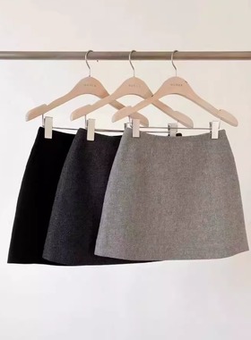 高品质！韩国ounce2025秋冬高腰显瘦纯色百搭毛呢A字半身裙女短裙