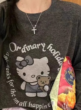 代工厂！韩国东大门pepper2025秋季卡通Kitty印花圆领天丝长袖T恤