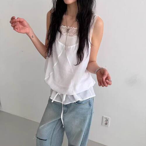 叠穿拼接蕾丝吊带抽绳背心两件套