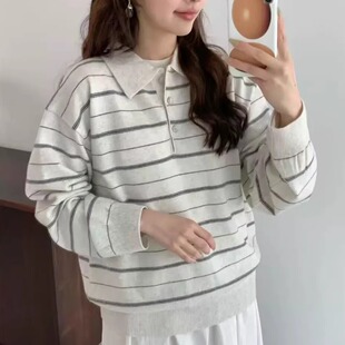 代工厂！EGG韩国东大门2025秋季气质优雅条纹polo领针织衫女毛衣