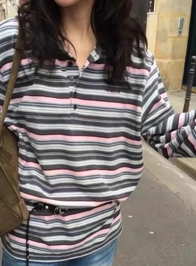 高品质！breathe韩国东大门2025秋新款polo领长袖撞色条纹复古T恤